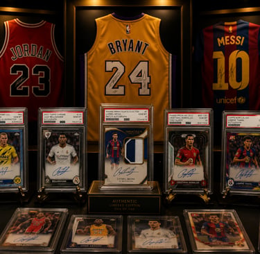 Eine Sammlung gerahmter Sporttrikots und signierter Sammelkarten mit Kobe Bryant, Lionel Messi und M