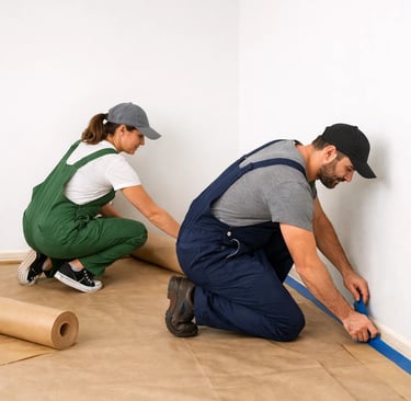 a man and woman are working on a floor