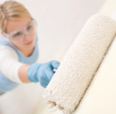 a woman in a blue shirt and gloves is painting a wall with thermal insulating paint