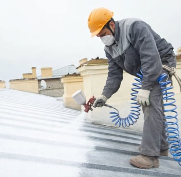 a man in a helmet and a helmet on a roof