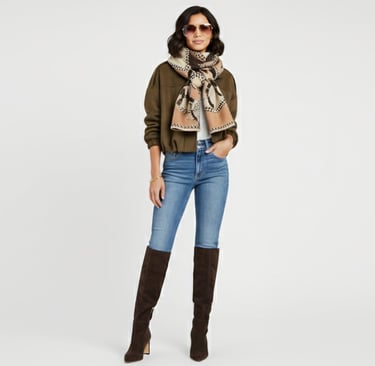 a woman in a jacket, jeans, scarf and boots standing in front of a white background