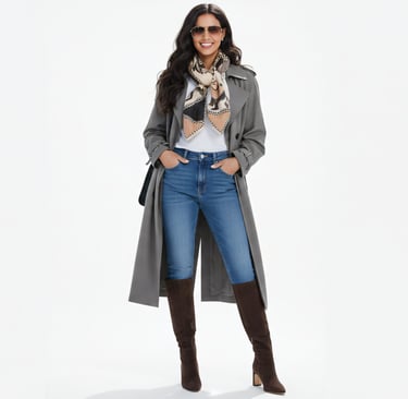 a woman in a trench coat, jeans and boots