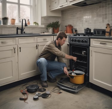 A repairman fixes a broken electric oven in a modern kitchen with spare parts on the floor.