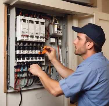 Professional electrician inspecting and repairing a residential electrical circuit breaker panel.