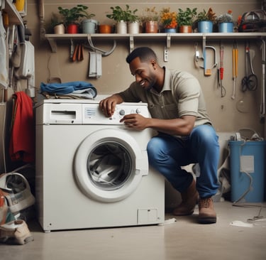 A smiling man repairs a front-loading washing machine in a well-organized laundry room or workshop.
