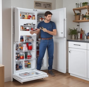 A man in a blue shirt repairs a modern white french door refrigerator in a bright kitchen.