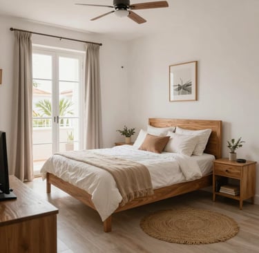 Professional cleaning equipment arranged neatly beside a sparkling clean living room window overlooking the Mediterranean coast.