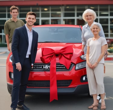 a man and woman standing in front of a car
