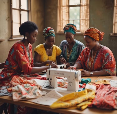 A smiling woman in rural South Africa stitching a bag by hand.