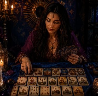 Cartomante fazendo tiragem de tarot e baralho cigano lenormand simultaneamente
