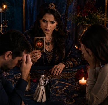 Cartomante experiente realizando consulta de Tarot para casal enfrentando crise no casamento