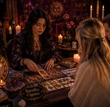 Cartomante realizando consulta de amor através da leitura de Tarot e cartas de Baralho Cigano 