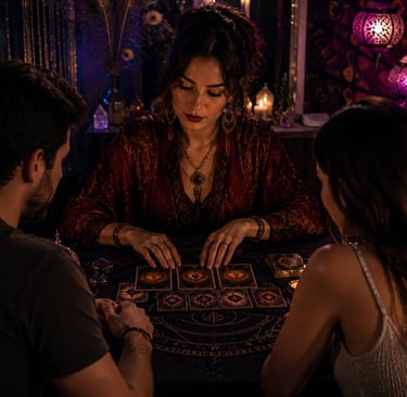 Cartomante analisando a compatibilidade amorosa de um casal através da combinação de cartas de Tarot
