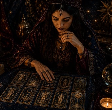 Cartomante analisando posicionamento das cartas em leitura profunda interpretando as combinações 