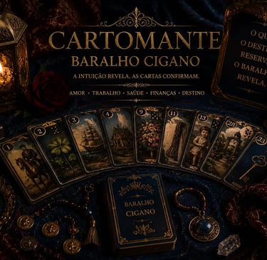 Cartomante realizando leitura com baralho cigano fofoqueiro, revelando detalhes ocultos e previsões 
