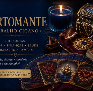 Cartomante faz leitura de destino abrindo cartas de baralho cigano sobre a mesa.