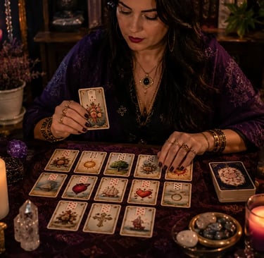 Cartomante realiza leitura de cartas do baralho cigano sobre mesa decorada