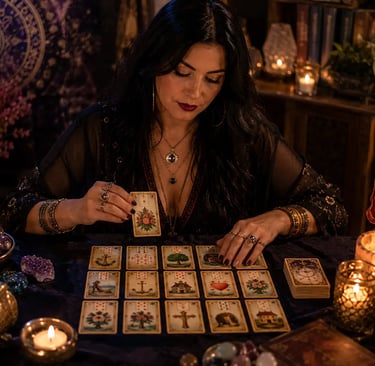 Cartomante faz leitura de cartas ciganas Lenormand sobre a mesa