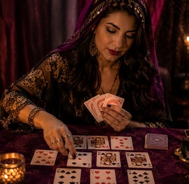  Mulher atua como cartomante em sessão de cartomancia com cartas de baralho comum