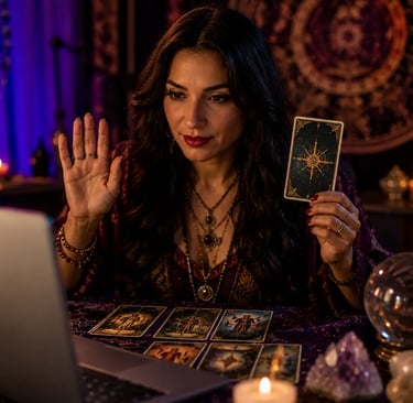 Cartomante realizando atendimento de cartomancia online com tiragem de cartas para previsões