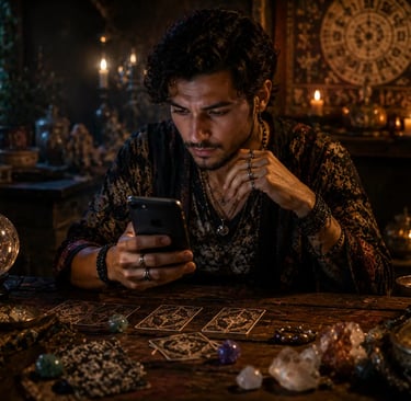 Cartomante realizando consulta por chat em tempo real com leitura de tarot