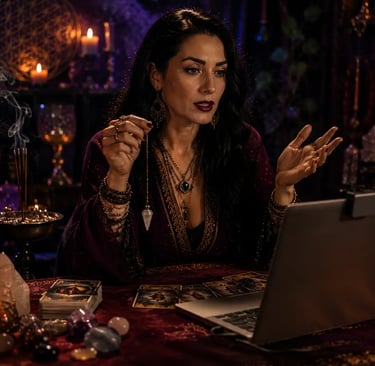 Mulher faz consulta online de Tarot por vídeo chamada no celular