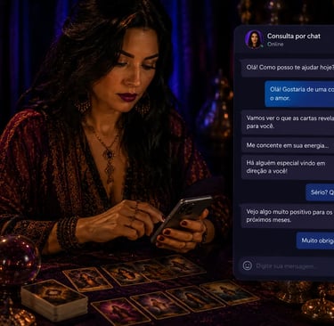 Mãos digitando no celular em consulta de cartomante por chat