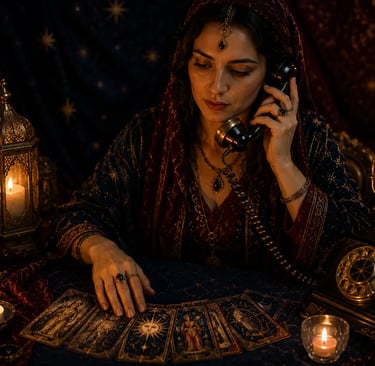 Especialista realizando uma cartomante consulta por telefone em ambiente acolhedor