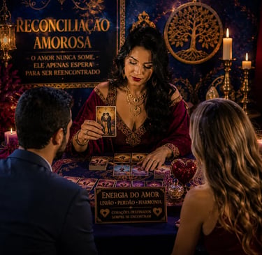 Cartomante realizando consulta de Tarot para reconciliação amorosa de casal