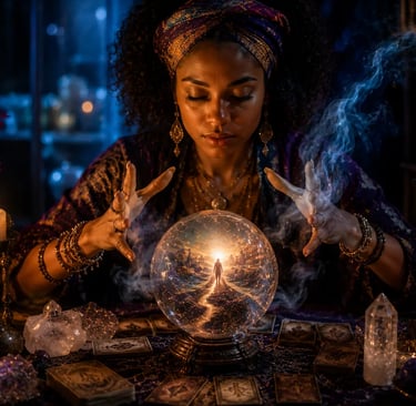 Cartomante realizando consulta sobre futuro com tiragem de tarot para revelar caminhos e decisões