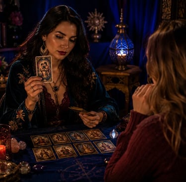 Cartomante realizando consulta de Tarot do Amor com foco em previsões afetivas e aconselhamento 