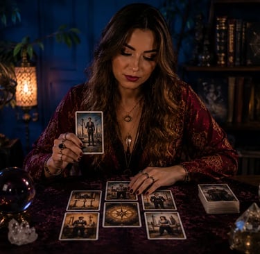 Cartomante realiza consulta com cartas de tarot focada em vida profissional