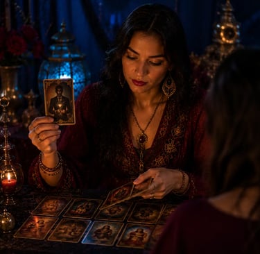 Cartomante profissional realizando jogo de cartas para descobrir sentimentos dele e intenções 