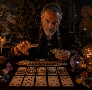 Cartomante experiente em consultas com cartas online realizando tiragem de tarot através de video