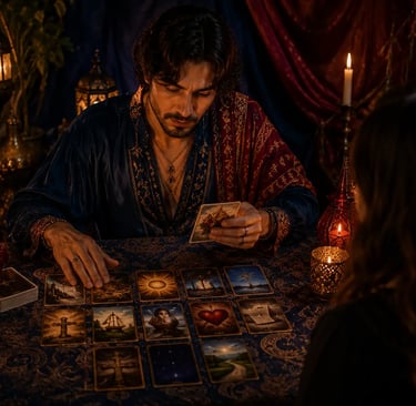 cartomante fazendo leitura com cartas ciganas sobre mesa decorada, interpretando os símbolos 