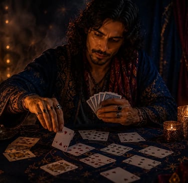 Cartomante fazendo leitura com cartas comuns de baralho em consulta detalhada para previsão 