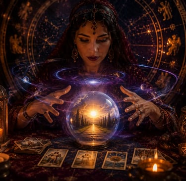 Cartomante fazendo previsões para o futuro com olhar atento às cartas de tarot