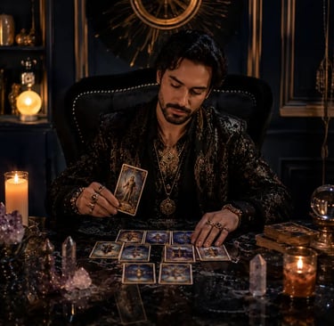 Mãos de tarólogo embaralhando cartas de tarot com alta taxa de acerto nas previsões.