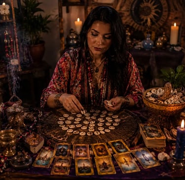 Mesa com jogo de búzios e cartas ciganas abertas em consulta.