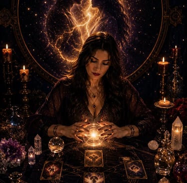 Cartomante realizando leitura de Tarot sobre conexão de almas e amor