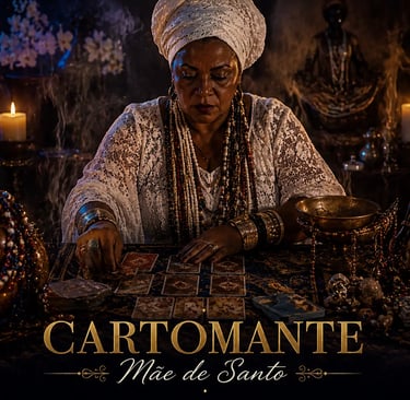 Mãe de Santo em atendimento particular de cartomancia jogando cartas de Baralho Cigano na mesa