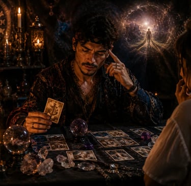 Cartomante médium vidente em consulta mediúnica, utilizando a sensibilidade espiritual e o tarot