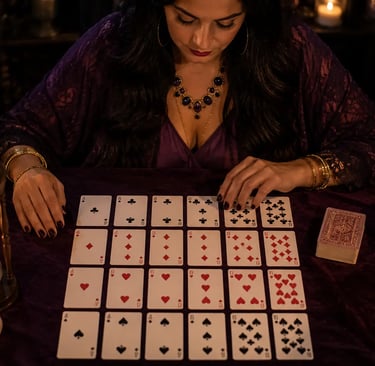 Cartomante aponta para os naipes de cartas de baralho comum sobre uma mesa.