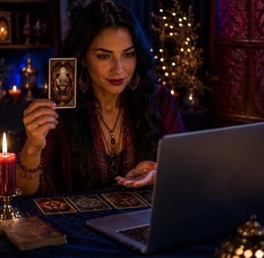 Cartomante online profissional realizando leitura amorosa detalhada com cartas de Tarot
