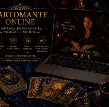 Mãos de cartomante online abrindo o baralho de tarot para previsão do futuro em consulta por vídeo