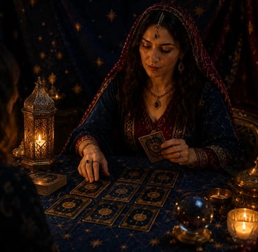 Mãos de cartomante que fala a verdade realizando a abertura das cartas para revelar detalhes 