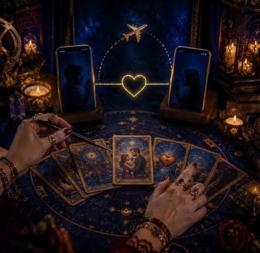 Cartomante realizando leitura de Tarot online para relacionamento à distância