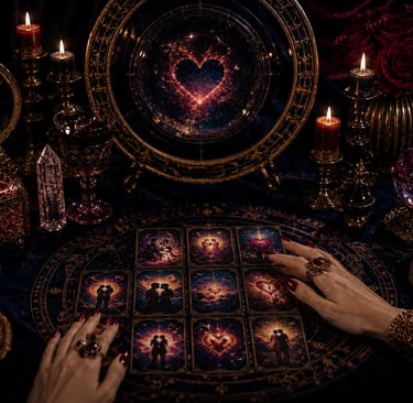 Cartomante realizando consulta de Tarot do amor online para orientação de relacionamento amoroso 