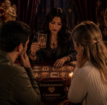 Cartomante profissional realizando leitura de cartas focada no relacionamento e destino do casal