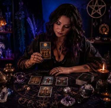 Cartomante analisa cartas de tarot sobre assuntos de família na mesa.